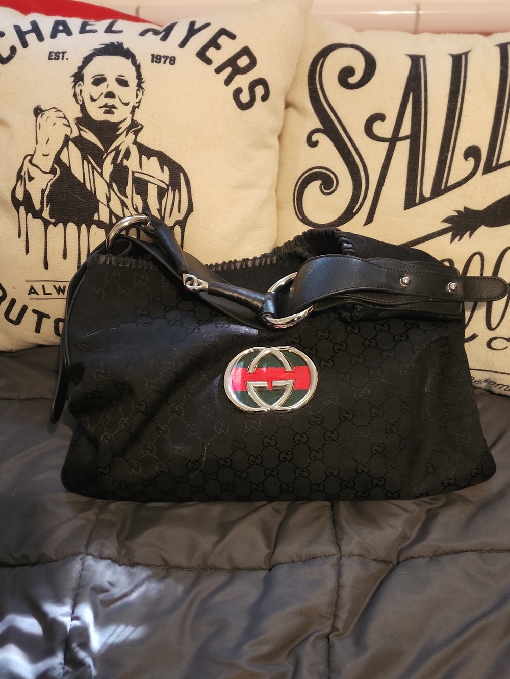 Gucci Black GG Web Stripe Monogram Canvas And Leather Hobo Bag 🛍️ So Cute!